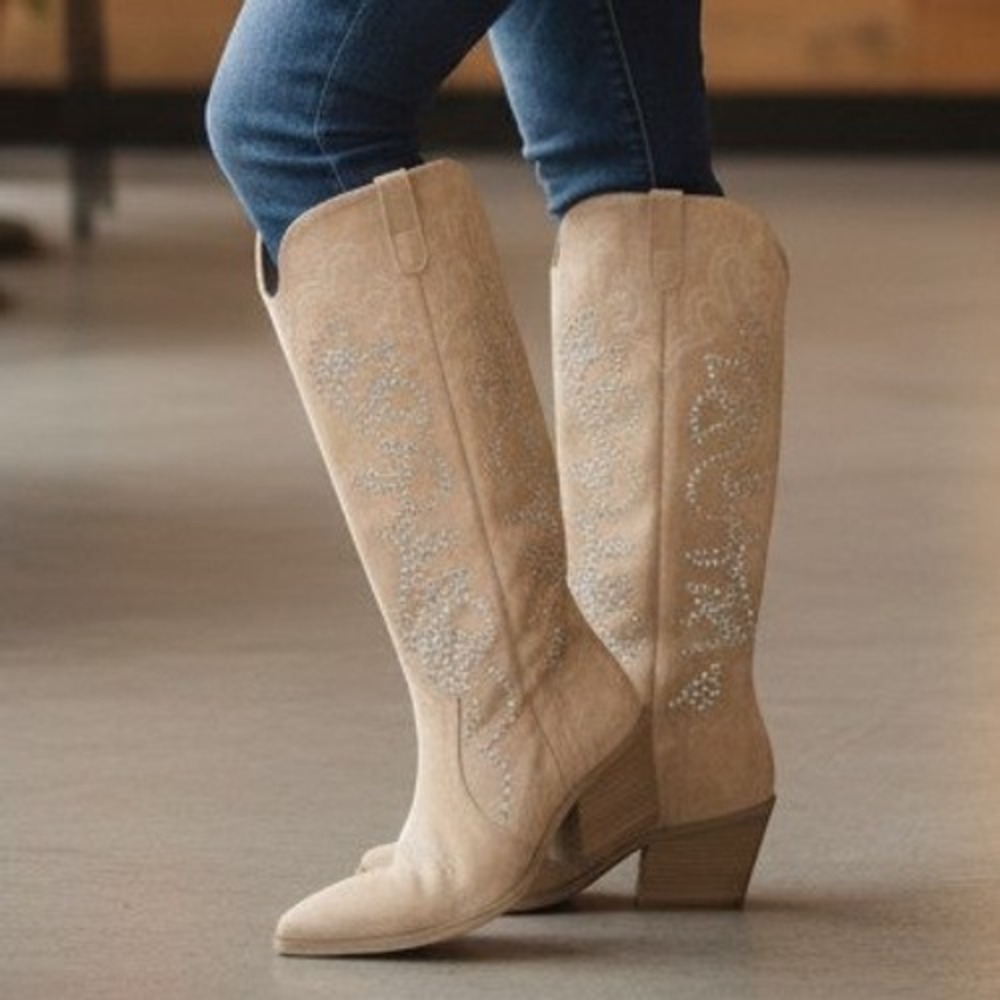 Knee-High Studded Suede Heeled Boots - Beige